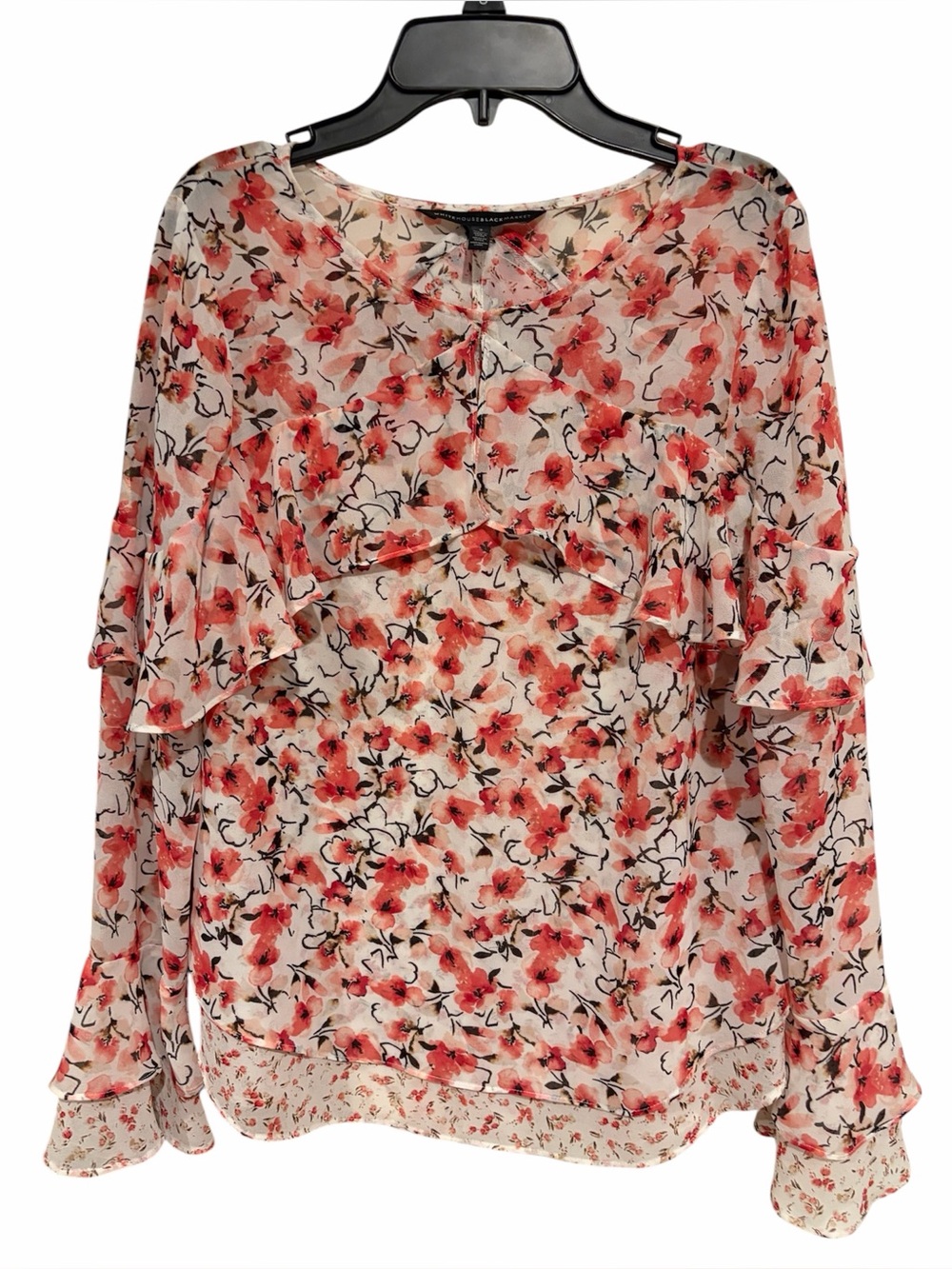 White House Black Market Floral Ruffle Long-Sleeve Blouse